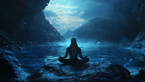 Moonlit cave meditation by a tranquil glowing lagoon.