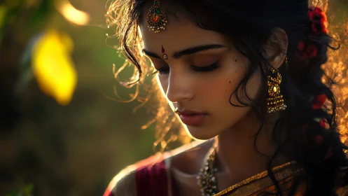 Portrait of woman in traditional jewelry, soft sunset light.