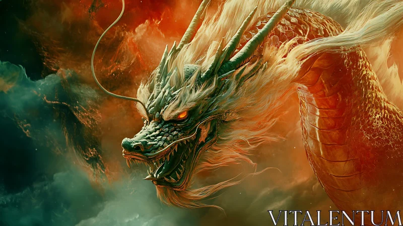 Mythic fire dragon curls through stormlit emerald clouds.
