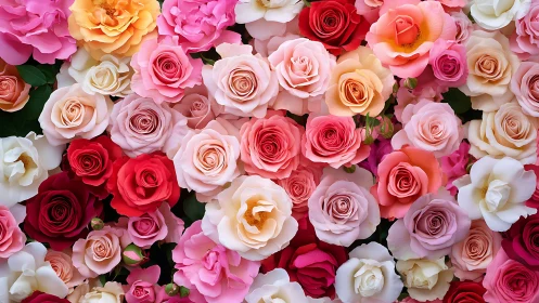 Dense floral arrangement displaying multiple rose varieties in pink, red, white, and peach tones