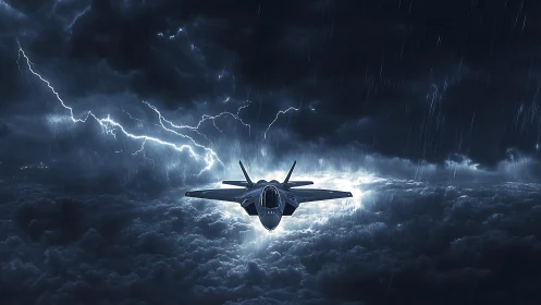 Stealth fighter jet cutting through storm and lightning skies.