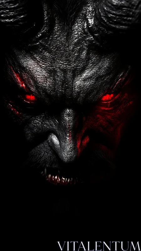 Infernal horned demon emerging from black with molten eyes.