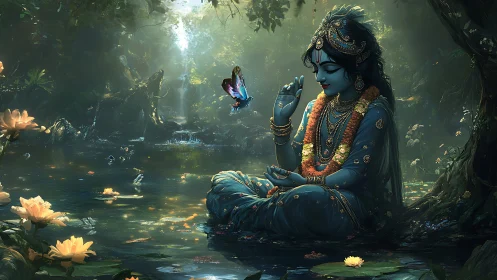 Blue-skinned seated figure by reflective forest pond