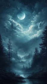 Moonlit conifer forest surrounds misty river at night