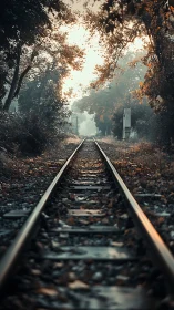 Autumn railway perspective through misty forest corridor.