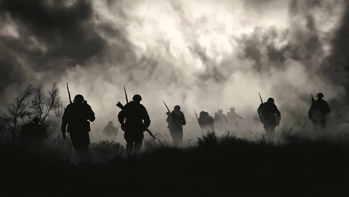 Backlit infantry silhouettes advance through dense battlefield fog