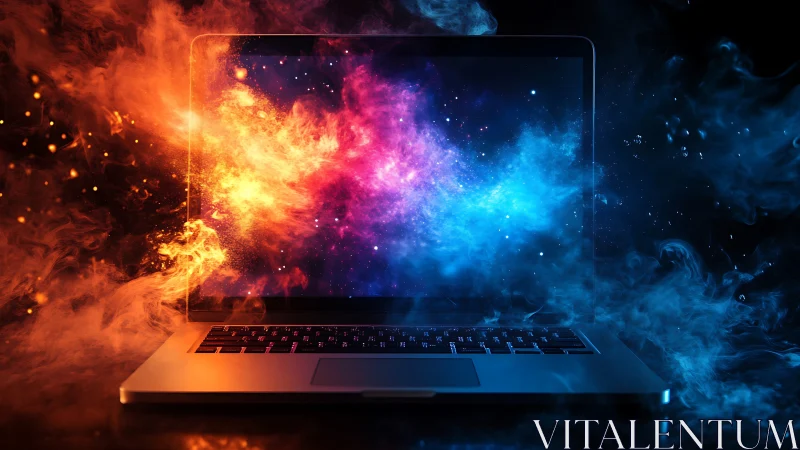 Laptop screen displays vivid nebula with surrounding colored smoke