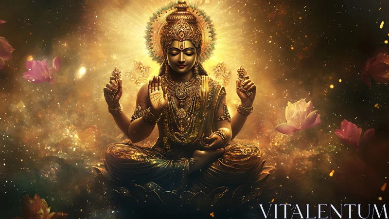 Golden multi-armed deity in radiant lotus field with volumetric light