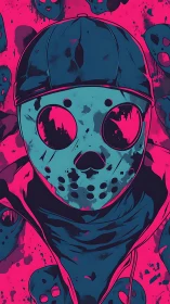 Neon masked figure stands bold against splattered pink chaos