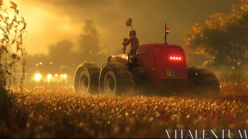 Autonomous red tractor in sunlit agricultural field at dusk.