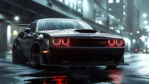 Black muscle car on wet night street with red headlights.