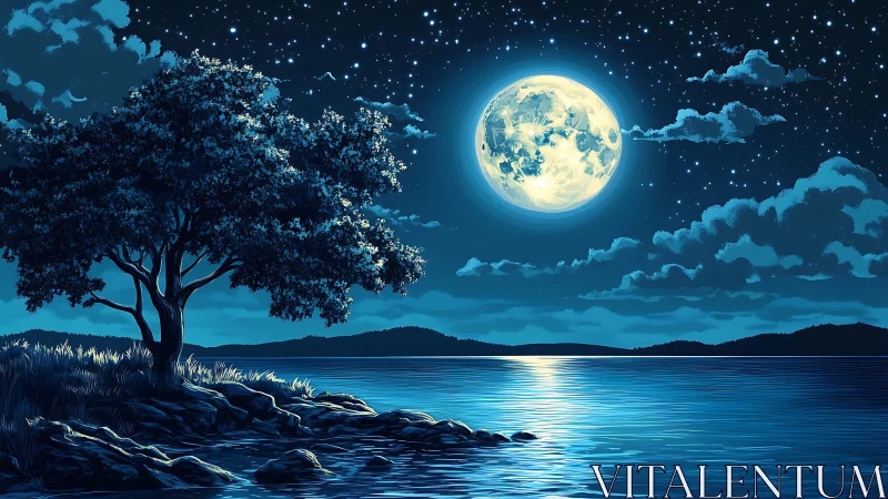 Full moon over tranquil lake with luminous shoreline