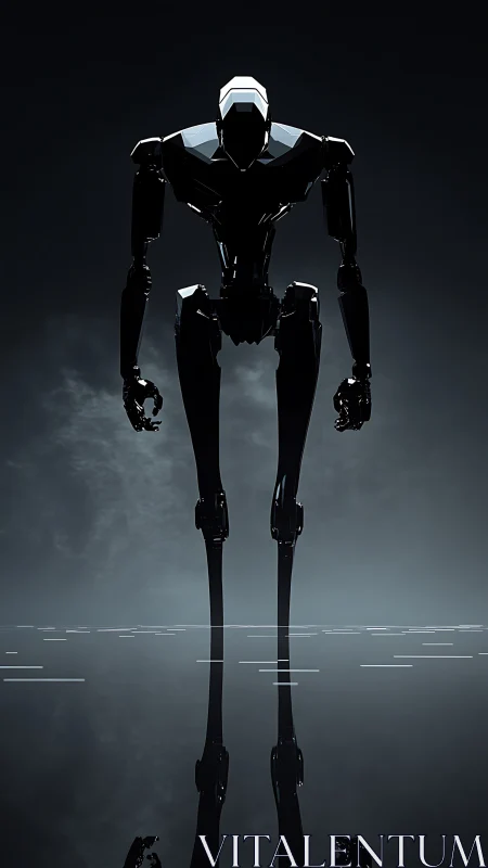 Monolithic black robot towering over reflective void.