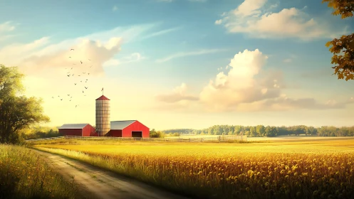 Golden farmland sunrise with red barn and silo panorama.