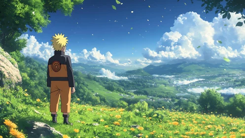 Blond ninja daydreams above a sunlit valley of clouds.