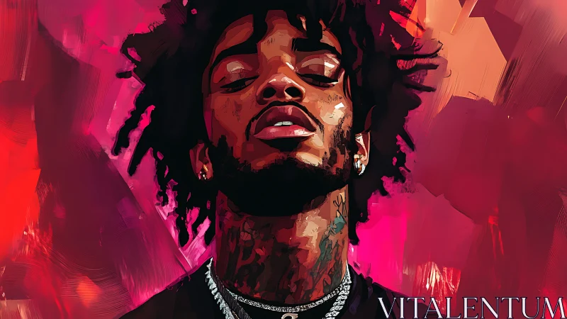 Portrait shows digital painting of man against red background