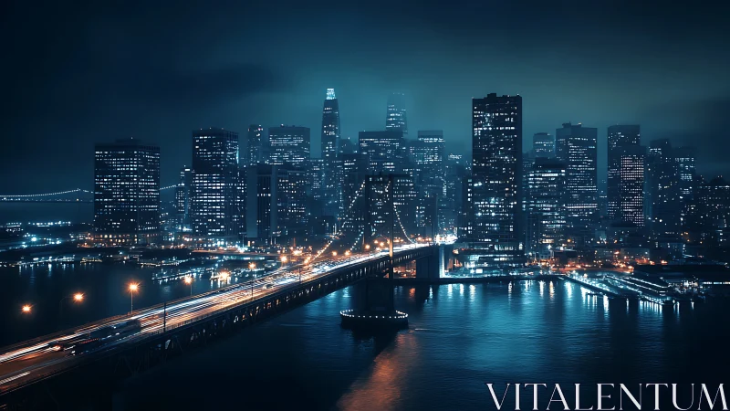 Neon tides of traffic crossing a midnight glassy skyline.