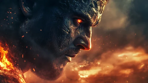 Infernal warrior profile with molten skin and blazing eyes.