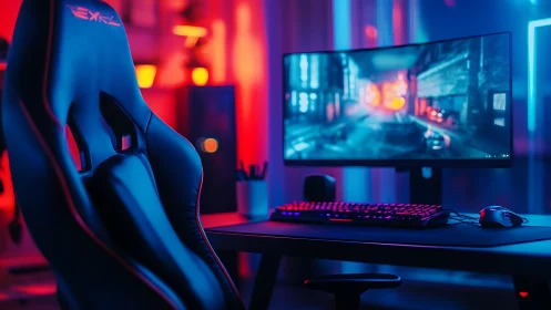 RGB-lit gaming desk with ultrawide monitor and chair.