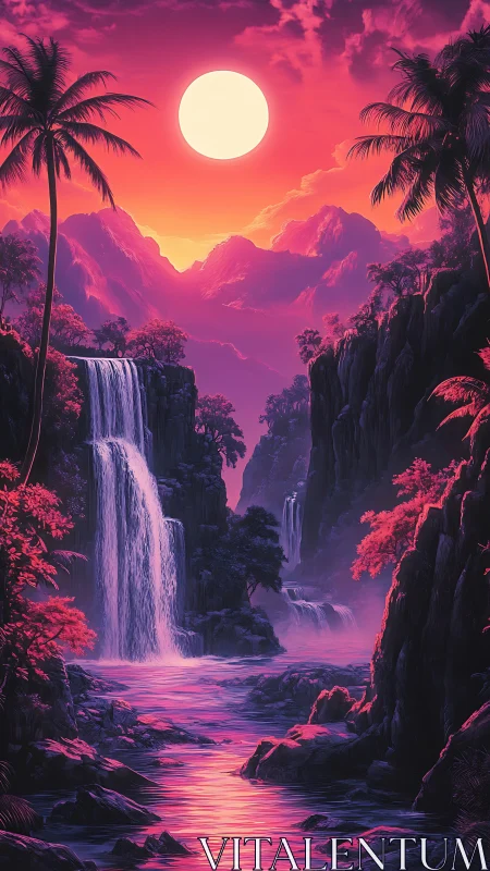 Chromatic tropical waterfall canyon under overscaled neon moon.