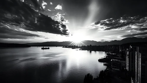 Gentle sunrise over calm harbor and silhouetted skyline.