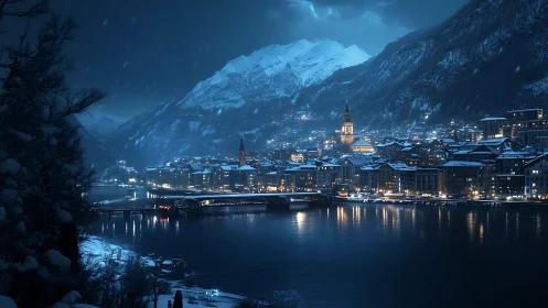 Snowy mountain city at night with calm reflective lake.