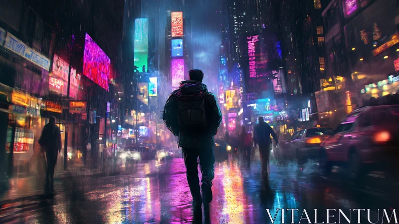 Solitary figure walks through rain-soaked neon city street