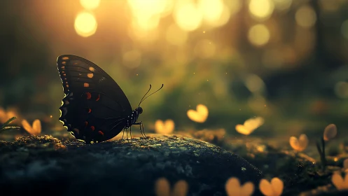 Black butterfly on mossy stone in soft sunset light.