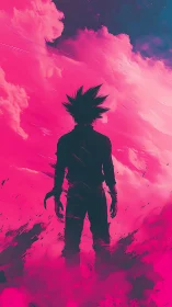 Silhouetted warrior in magenta storm cloudscape horizon.