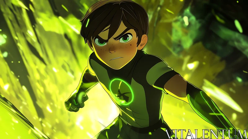 Animated boy in green sci fi suit amid glowing energy field.