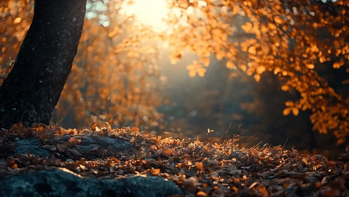 Autumn forest floor glows under soft golden evening light.