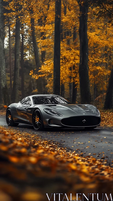 Silver sports coupe gliding through a quiet autumn forest road.