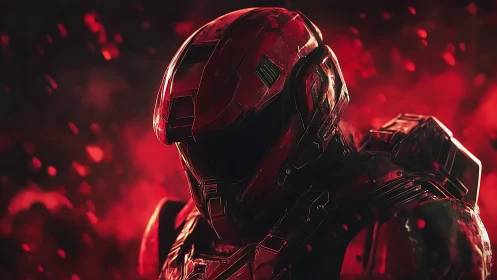 Crimson warborn trooper strides through ember-lit void.