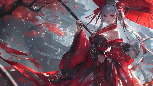 Digital painting of crimson-clad warrior under scarlet parasol.