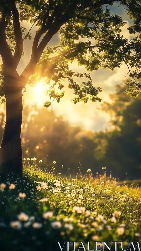 Golden sunrise filters gently through a peaceful meadow tree