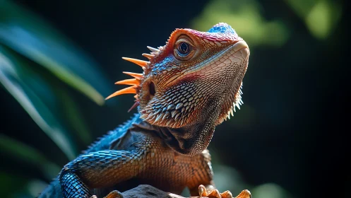 Photorealistic portrait of a spiny lizard in botanical chiaroscuro.