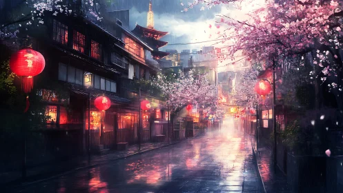 Rain-soaked neon alley integrates sakura bloom and wet reflections