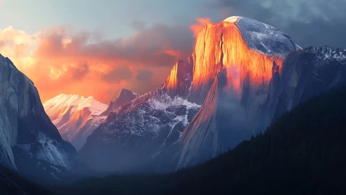 Sunlit granite giant wrapped in glowing alpine twilight.