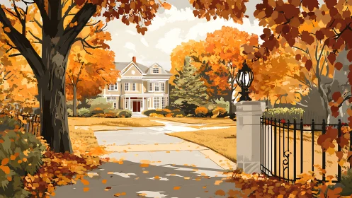Golden autumn lane leads warmly toward a welcoming home