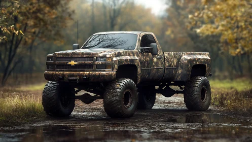 Lifted camouflage Chevy truck with oversized mud tires in wet forest