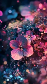 Digital Flowers Burst: Pink Petals and Golden Particles.