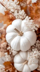 Snowy pumpkins lounging in a caramel harvest nest.
