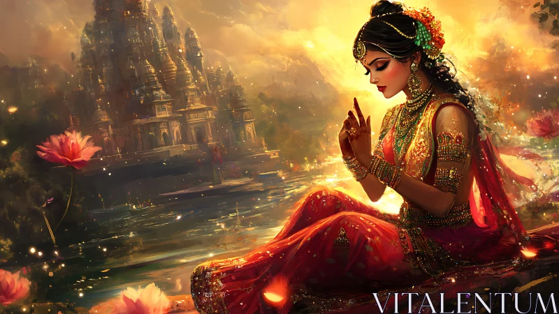 Golden twilight blessing surrounds a serene temple prayer