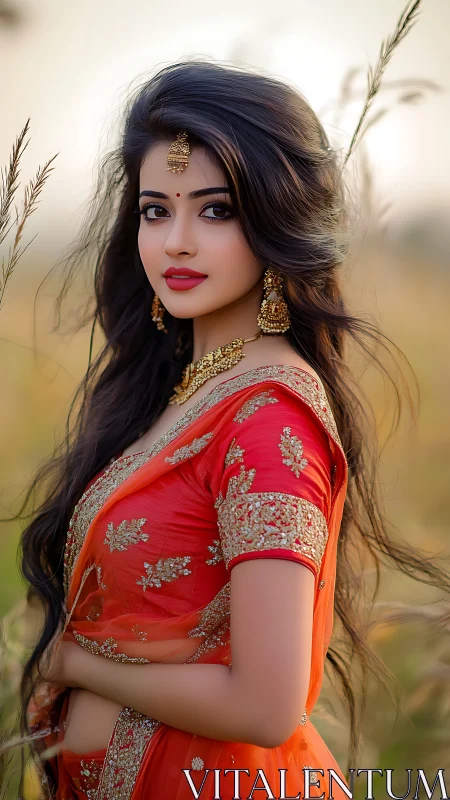 Ornate portrait in red saree with shallow depth-of-field bokeh.
