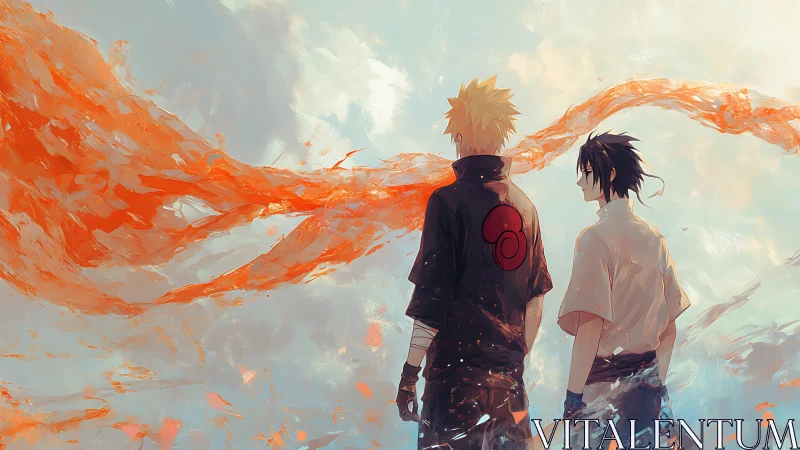 Rival anime warriors stand beneath swirling orange sky