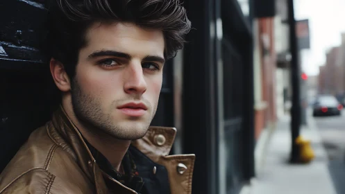 City-edge gaze of a leather-clad stranger in winter light.