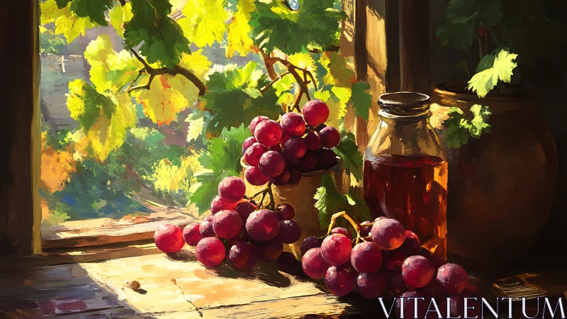 Grapes and glass jar stand on a sunlit wooden windowsill
