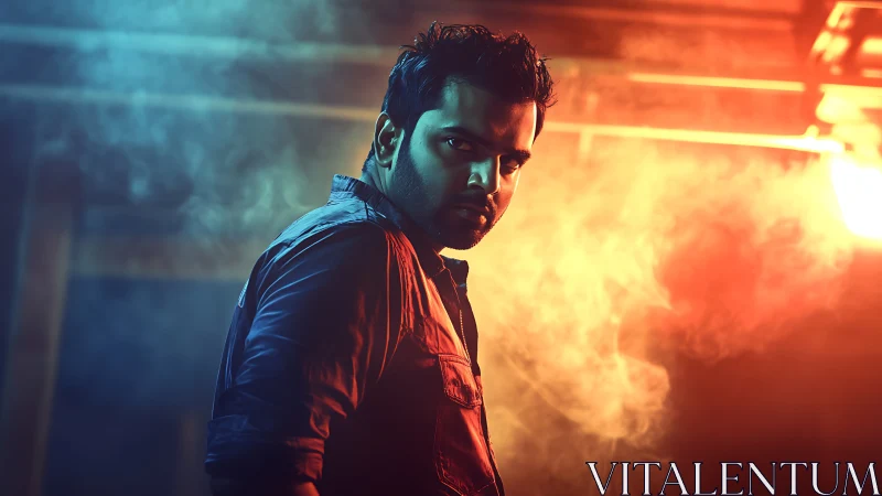 Smoky neon portrait captures a bold, confident gaze at dusk