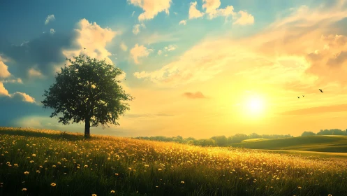 Sunlit meadow listens quietly while the lone tree dreams