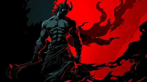 Horned demon warrior stands in red and black flames.